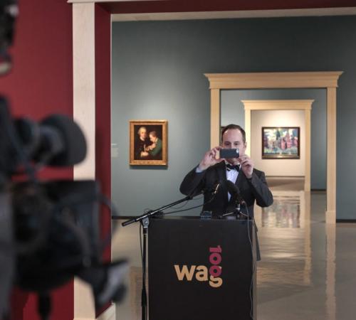 Stephen Borys, Executive Director, WAG snaps shot of people in attendance at media event Thursday for the WAG 100 Masters exhibit in the Winnipeg Art Gallery.  Carolin Vesely story  (WAYNE GLOWACKI/WINNIPEG FREE PRESS) Winnipeg Free Press May 9 2013
