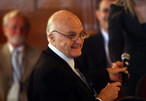 Former Manitoba Premier Howard Pawley also attended the Business Council of Manitoba : Manitoba Past Present & Future  conference at the Fort Garry Hotel -  he took being cut off graciously at the end of the morning session .  KEN GIGLIOTTI / May 9  2013 / WINNIPEG FREE PRESS