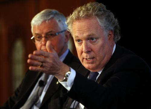 Right to Left  former Quebec premier Jean Charest , Kevin Lynch former Clerk of the Privy Council sspeak  at the end of the morning session . All were speakers at the Business Council of Manitoba : Manitoba Past Present & Future  conference at the Fort Garry Hotel   moderated by  Jeffrey Simpson Äì dan lett stories by  murray mcneill , martin cash  KEN GIGLIOTTI / May 9  2013 / WINNIPEG FREE PRESS