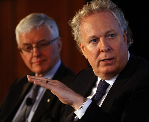 Right to Left -former Quebec premier Jean Charest , Kevin Lynch former Clerk of the Privy Council speak  at the end of the morning session . All were speakers at the Business Council of Manitoba : Manitoba Past Present & Future  conference at the Fort Garry Hotel   moderated by  Jeffrey Simpson Äì dan lett stories by  murray mcneill , martin cash  KEN GIGLIOTTI / May 9  2013 / WINNIPEG FREE PRESS
