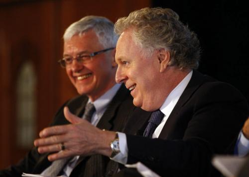 Right to Left - former Quebec premier Jean Charest , Kevin Lynch former Clerk of the Privy Council speak  at the end of the morning session . All were speakers at the Business Council of Manitoba : Manitoba Past Present & Future  conference at the Fort Garry Hotel   moderated by  Jeffrey Simpson Äì dan lett stories by  murray mcneill , martin cash  KEN GIGLIOTTI / May 9  2013 / WINNIPEG FREE PRESS