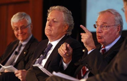 Right to Left -former PM Paul Martin ,centre former Quebec premier Jean Charest , Kevin Lynch former Clerk of the Privy Council speak  at the end of the morning session . All were speakers at the Business Council of Manitoba : Manitoba Past Present & Future  conference at the Fort Garry Hotel   moderated by  Jeffrey Simpson Äì dan lett stories by  murray mcneill , martin cash  KEN GIGLIOTTI / May 9  2013 / WINNIPEG FREE PRESS