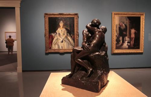 In centre is Auguste Rodin's THE KISS with paintings (right) THE MODEST MODEL by Paul Peel and a painting by George Bellows titled MRS.T. IN CREAM SILK in  the WAG 100 Masters exhibit in the Winnipeg Art Gallery.  Carolin Vesely story  (WAYNE GLOWACKI/WINNIPEG FREE PRESS) Winnipeg Free Press May 9 2013