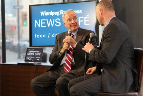 Former Prime Minister Paul Martin is interviewed by Winnipeg Free Press Editor Paul Samyn att the Free Press News Cafe in downtown Winnipeg.  Photography Ruth Bonneville Winnipeg Free Press