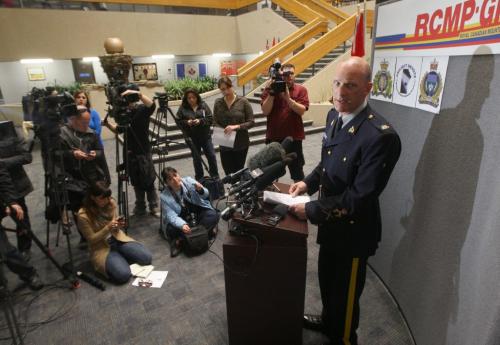 RCMP Cpl. Miles Hiebert briefs media at D division headquarters in Winnipeg on Project Devote Investigation that saw RCMP and City of Winnipeg Police Services members serve a search warrant in the 100 block of Lorne Ave where investigators found the remains of 36 year old Myrna Letandre- the death is now being treated as a homicide -See Mike McIntyre story- May 10, 2013   (JOE BRYKSA / WINNIPEG FREE PRESS)