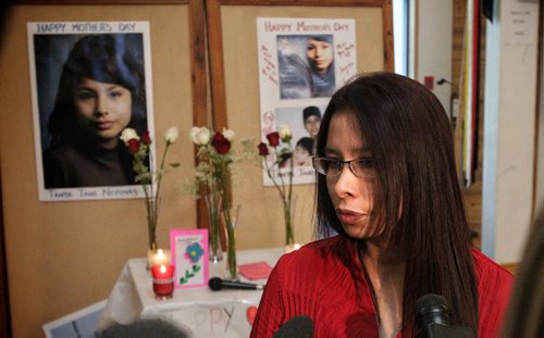 Gail Nepinak, Tanya Nepinak's  sister, talks to the gathered media during the Mother's Day memorial for missing and murdered women held Sunday at the Thunderbird House.  130512 May 12, 2013 Mike Deal / Winnipeg Free Press
