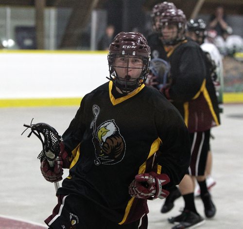 Manitoba Gryphons Dylan Smith (18) celebrates a goal during a lacrosse game at the Oakbank arena.  130512 May 12, 2013 Mike Deal / Winnipeg Free Press