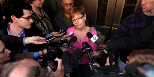 Carol De Delley reacts after a Review Board Hearing Monday afternoon in WInnipeg for Vince Li who decapitated and ate portions of her son Tim McLean on a Greyhound Bus. See Bruce Owen's story. May 13, 2013 - (Phil Hossack / Winnipeg Free Press)