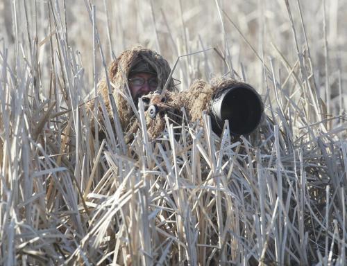 Fred Greenslade waits for ducks to commit to his decoys at Delta Marsh- See Joe and Fred's Delta marsh feature- May 12, 2012   (JOE BRYKSA / WINNIPEG FREE PRESS)