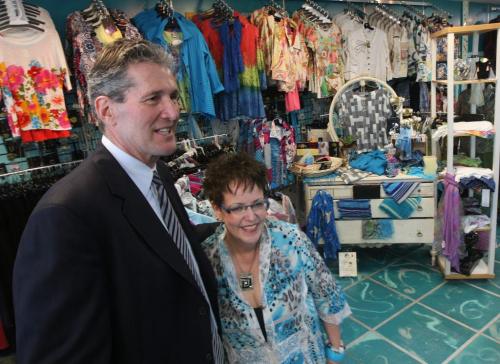PC Leader Brian Pallister who was at Peppertree Fashions with owner Connie Hall  123C Scurfield Blvd. to highlight the potential damage to Manitoba businesses due to the planned PST hike.- See Larry Kusch story- May 15, 2013   (JOE BRYKSA / WINNIPEG FREE PRESS)