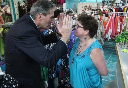 Leslie Thompson meets a old friend- PC Leader Brian Pallister who was at Peppertree Fashions  123C Scurfield Blvd. to highlight the potential damage to Manitoba businesses due to the planned PST hike.- See Larry Kusch story- May 15, 2013   (JOE BRYKSA / WINNIPEG FREE PRESS)
