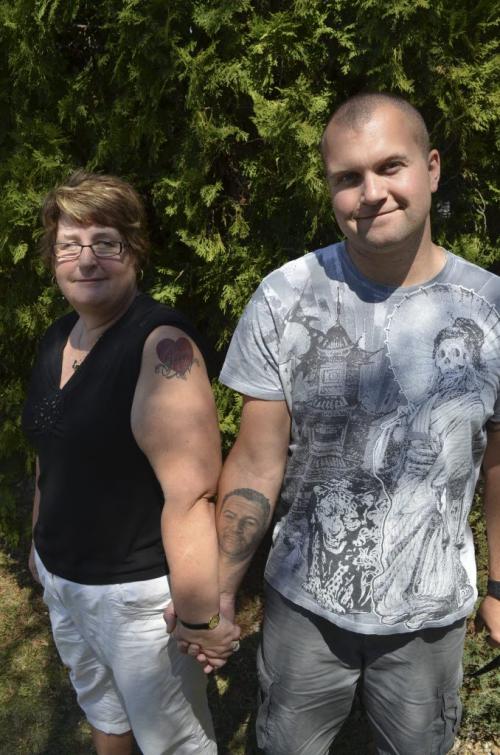 Mother Ethel Ljubic and brother Donovan Ljubic with tattoos of Jason Ljubic, a non-smoker who died of lung cancer last year at age 37. They are part of the Inpire for Life Walk June 14 for lung cancer research.  Gordon Sinclair Jr / Winnipeg Free Press May 15 / 2013