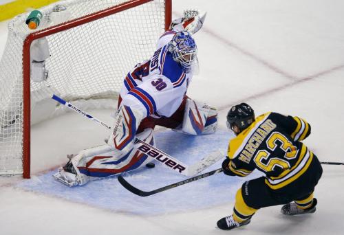 Boston Bruins left wing Brad Marchand (R) scores the game winning goal against New York Rangers goalie Henrik Lundqvist in the first overtime period of Game 1 of their NHL Eastern Conference semi-final hockey playoff series in Boston, Massachusetts May 16, 2013.   REUTERS/Brian Snyder  (UNITED STATES - Tags: SPORT ICE HOCKEY) - RTXZPWC