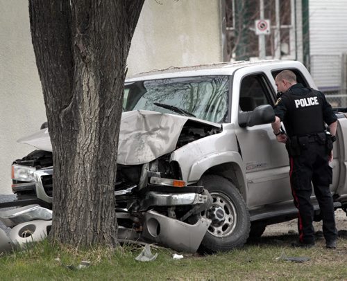 Winnipeg Police at the scene on Powers St. at Mountain Ave. after a pickup truck struck a elm tree on the boulevard Friday morning. Police  were unable to supply information on possible injuries.    (WAYNE GLOWACKI/WINNIPEG FREE PRESS) Winnipeg Free Press May 17 201