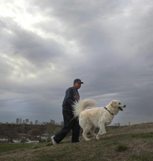 Don Thomas with Elwood,  one of his three dogs on a walk on the hill at Westview Park on a cloudy Friday morning before the forecasted showers.     (WAYNE GLOWACKI/WINNIPEG FREE PRESS) Winnipeg Free Press May 17 2013