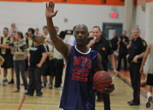 Winnipeg Police Basketball Team played against the youths involved in the 4Life Foundation at St. Johns High School, 401 Church Avenue from 12:00 noon - 1:30 pm. Chief Devon Clunis and several Winnipeg Blue Bomber Players played on the Winnipeg Police Basketball team. May 17, 2013  BORIS MINKEVICH / WINNIPEG FREE PRESS