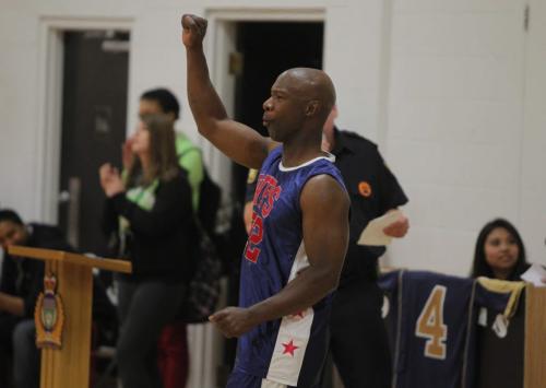 Winnipeg Police Basketball Team played against the youths involved in the 4Life Foundation at St. Johns High School, 401 Church Avenue from 12:00 noon - 1:30 pm. Chief Devon Clunis and several Winnipeg Blue Bomber Players played on the Winnipeg Police Basketball team. May 17, 2013 BORIS MINKEVICH / WINNIPEG FREE PRESS