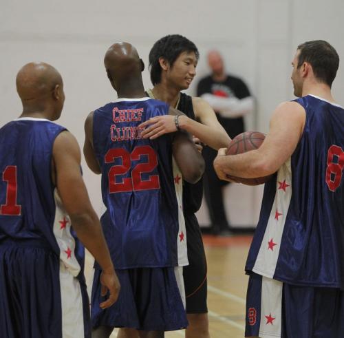 Winnipeg Police Basketball Team played against the youths involved in the 4Life Foundation at St. Johns High School, 401 Church Avenue from 12:00 noon - 1:30 pm. Chief Devon Clunis and several Winnipeg Blue Bomber Players played on the Winnipeg Police Basketball team. May 17, 2013  BORIS MINKEVICH / WINNIPEG FREE PRESS