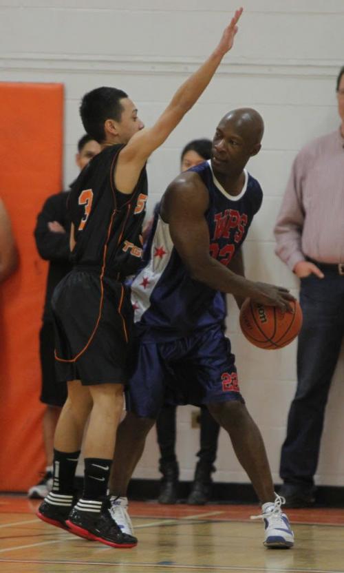 Winnipeg Police Basketball Team played against the youths involved in the 4Life Foundation at St. Johns High School, 401 Church Avenue from 12:00 noon - 1:30 pm. Chief Devon Clunis and several Winnipeg Blue Bomber Players played on the Winnipeg Police Basketball team. May 17, 2013  BORIS MINKEVICH / WINNIPEG FREE PRESS