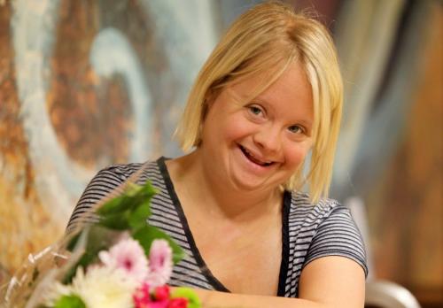 Lauren Potter, star of tv show "Glee"  in Winnipeg for national down syndrome conference, takes a moment for photographs with fans and press at the Delta Hotel Saturday morning. May 18, 2013 Ruth Bonneville Winnipeg Free Press
