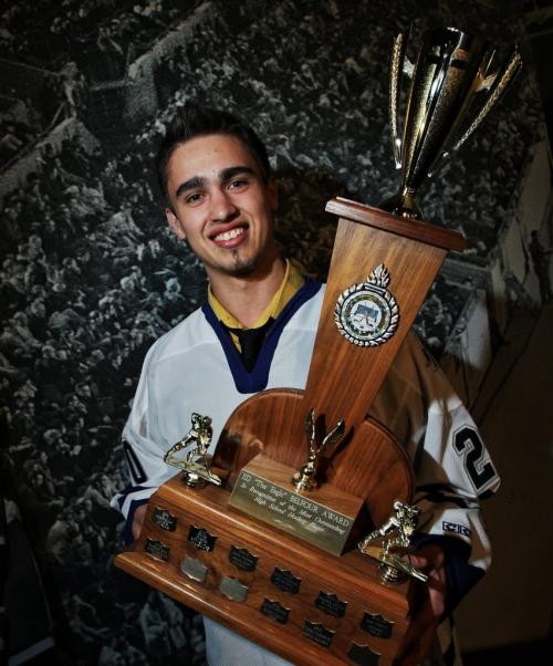 Scott Rowswell of the Dakota Lancers is the 2013 Ed Belfour award winner, voted by MHSAA coaches as the best High School hockey player with Winnipeg League leading stats at 39 goals and 59 points. He was presented with the trophy and a Belfour Leafs jersey at a ceremony held Tuesday at the Sport Manitoba offices on Pacific Ave.  130521 May 21, 2013 Mike Deal / Winnipeg Free Press