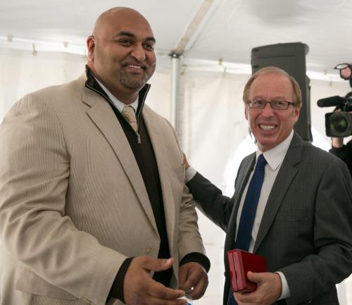 Mayor Sam Katz with Fortress Real Developments Inc.  President and CEO Jawad Rathore after the first official announcement of a possible 35-storey mixed-use skyscraper at Graham and Garry in downtown Winnipeg.   130522 - Wednesday, May 22, 2013 - (Melissa Tait / Winnipeg Free Press)