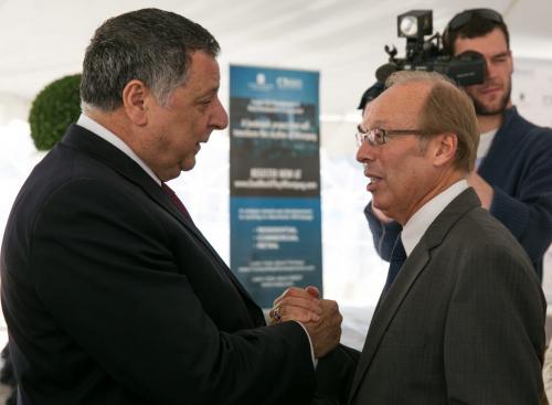 Mayor Sam Katz with Mady Development Corporation CEO Charles Mady  after the first official announcement of a possible 35-storey mixed-use skyscraper at Graham and Garry in downtown Winnipeg.   130522 - Wednesday, May 22, 2013 - (Melissa Tait / Winnipeg Free Press)