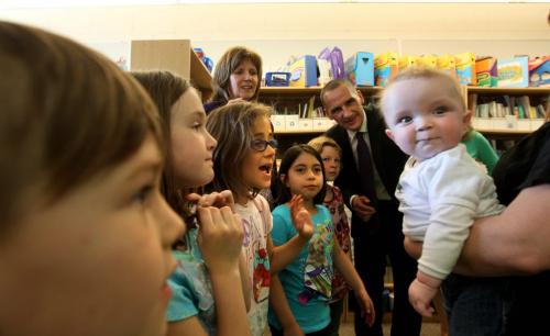 Mary Gordon, founder of Roots of Empathy visits a classroom at Voyageur School taking part in her program to help children with empathy and prosocial behaviour.  Students say goodbye to ninth month old Rylen who is taking part in the program with his mom Cindy (not seen in photo). Mary Gordon is on right in rear along with Kevin Chief and students from class. See Carol Sanders story.  May 22, 2013 Ruth Bonneville Winnipeg Free Press
