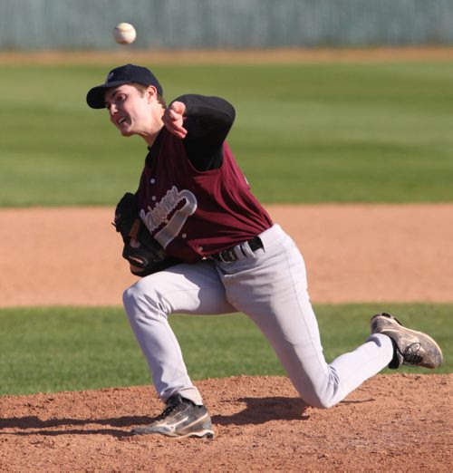 Brandon Sun Crocus Plainsmen Shayne MacGranachan delivers from the mound during Wednesday's high school baseball game against the Vincent Massey Vikings at Andrews Field. (Bruce Bumstead/Brandon Sun)