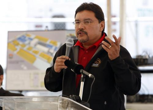 Long Plain Chief David Meeches  speaks at the gathering of the Urban Reserve / economic zone Äì Long Plain First Nation broke ground for its new urban reserve  on Madison  St., over 125 members and dignitaries attended the announcement   -story by Alexandra Paul  KEN GIGLIOTTI / May 23  2013 / WINNIPEG FREE PRESS