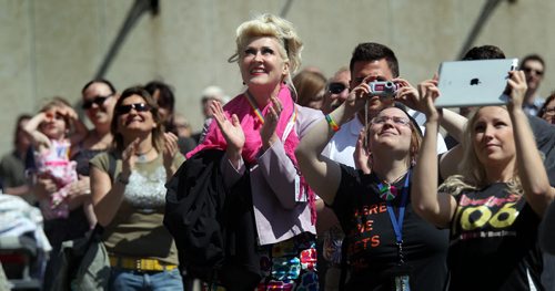 About 150 of the faithfull showed up at city hall Friday over the lunch hour to listen to the mayor and others proclaim the opening of Gay Pride Week, and raise the rainbow flag. See Lindor's story. May 24, 2013 - (Phil Hossack / Winnipeg Free Press)