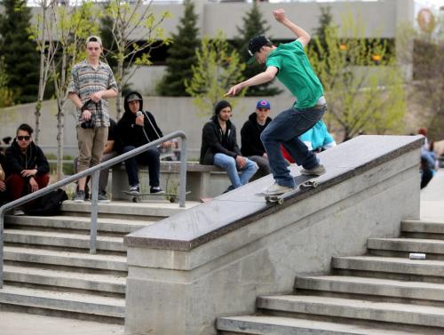 A participant in the skateboarding competition during the Skate 4 Cancer event at The Forks, Saturday, May 25, 2013. (TREVOR HAGAN/WINNIPEG FREE PRESS)