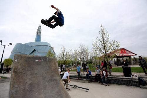 Kevin Delorme, 23, catches some air at the skatepark at The Forks during the Skate 4 Cancer event, Saturday, May 25, 2013. (TREVOR HAGAN/WINNIPEG FREE PRESS)