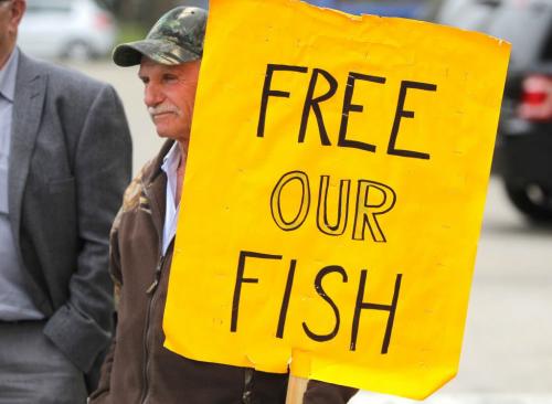 Lake Manitoba fisherman John Kleemola and a group of fishermen protest in front of the Leg. They are complaining that they are not allowed to market their scub fish. May 27, 2013  BORIS MINKEVICH / WINNIPEG FREE PRESS