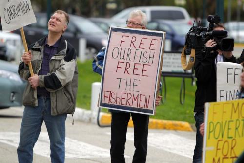 A group of fishermen protest in front of the Leg. They are complaining that they are not allowed to market their scub fish. May 27, 2013  BORIS MINKEVICH / WINNIPEG FREE PRESS