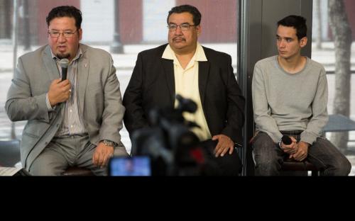Assembly of Manitoba Chiefs Grand Chief Derek Nepinak (second from left), Darcy Wood and Michael Champagne during a roundtable discussion at the News Caf¾© on the legacy of Aboriginal leader Elijah Harper, who died last week. 130527 - Monday, May 27, 2013 - (Melissa Tait / Winnipeg Free Press)