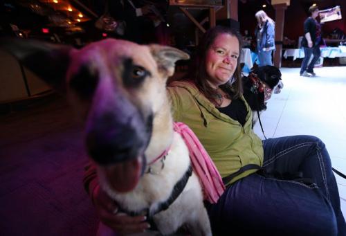 Jenn Harder a volunteer Foster and Intake Manager with Manitoba Mutts, along with Peaches, at a Fundraiser at TYC, Friday, May 31, 2013. (TREVOR HAGAN/WINNIPEG FREE PRESS)