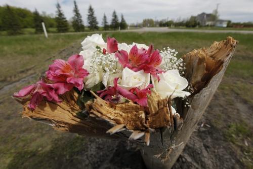 June 3, 2013 - 130603  -  On  Monday, June 3, 2013 flowers and tobacco are placed in memorial of two young women who died when their car left River Road in St. Andrews and collided with this Hydro pole early Saturday morning.  John Woods / Winnipeg Free Press