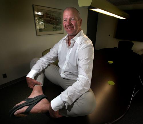 Chip Wilson, founder of lululemon assumes a modified "seated cobblers pose" at the Drake School of Busines Tuesday afternoon. See Geoff Kirbyson's story. June 4, 2013 - (Phil Hossack / Winnipeg Free Press)