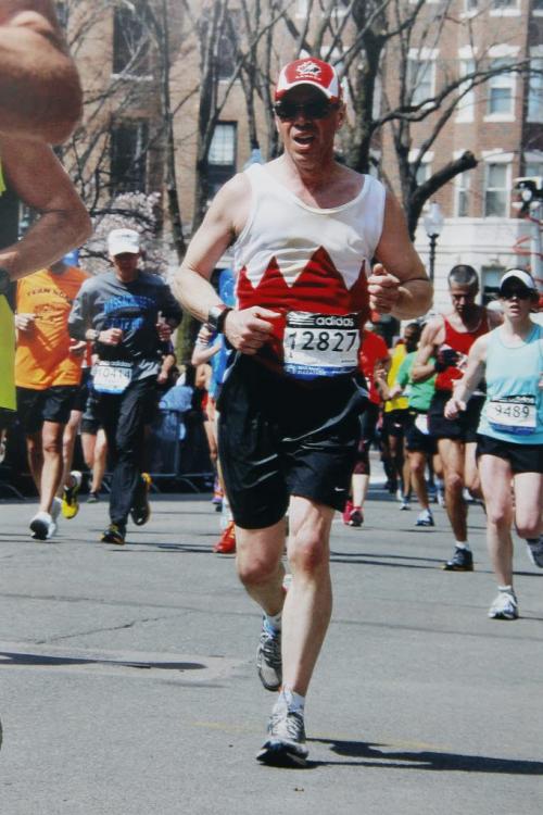 June 4, 2013 - 130604  -  Doug deJong, 51, is a marathon runner who was at the Boston Marathon, about 200 metres away when the bombs exploded. He had a red and white Canada running singlet custom-made for the Boston Marathon. Doug is a construction worker who is working on-site at a new apartment complex on William. Courtesy of Doug deJong/ Winnipeg Free Press