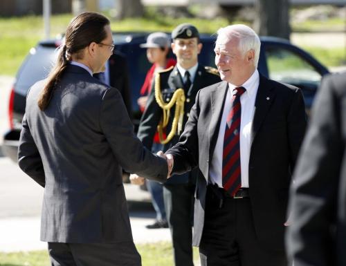 Stdup-also story by Elizabeth Foster-in pic   David Johnston  Gov.General of Canada meets Children of the Earth School principal as he arrives at the school to meet students and staff  KEN GIGLIOTTI / JUNE 6 2013 / WINNIPEG FREE PRESS