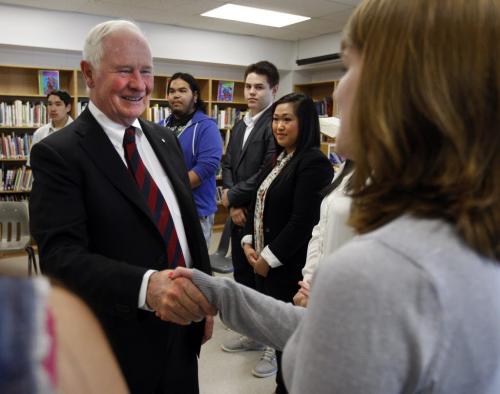 Stdup-also story by Elizabeth Foster-in pic   David Johnston  Gov.General of Canada meets Children of the Earth School students after   he arrives at the school to meet students and staff  KEN GIGLIOTTI / JUNE 6 2013 / WINNIPEG FREE PRESS