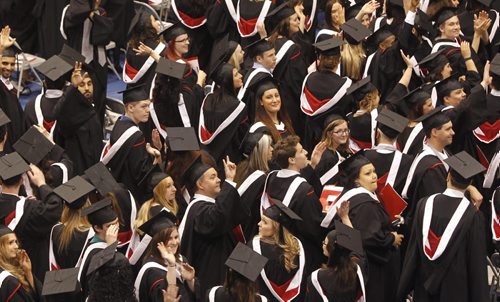Graduates wave to thank family and friends at ninety-ninth Convocation ceremony for the conferring of degrees in Arts and Kinesiology in the University of Winnipeg Duckworth Centre Thursday. Nick Martin story(WAYNE GLOWACKI/WINNIPEG FREE PRESS) Winnipeg Free Press June 6 2013