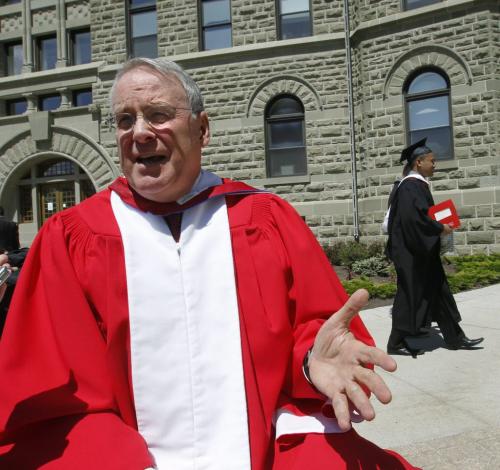 Ken Dryden, who was at the University of Winnipeg Convocation ceremony Thursday to receive an Honorary Degree of Letters is interviewed after for Oliver Sachgau's  story.(WAYNE GLOWACKI/WINNIPEG FREE PRESS) Winnipeg Free Press June 6 2013