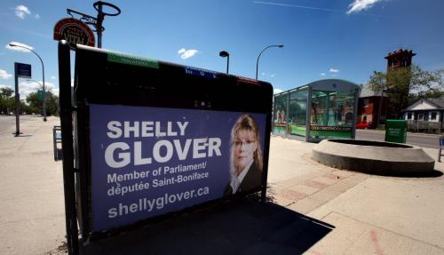 One of Shelly Glover's promotional signs at a bus stop at St Annes and St Marys rd. See Geoff Kirbysons story. June 6, 2013 - (Phil Hossack / Winnipeg Free Press)