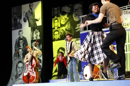 Jeff Giles as Buddy Holly (centre)  in Rainbow Stages 2013 production of Buddy, The Buddy Holly Story at the media preview Friday. The production  runs June 11-July 4.  (WAYNE GLOWACKI/WINNIPEG FREE PRESS) Winnipeg Free Press June 7 2013