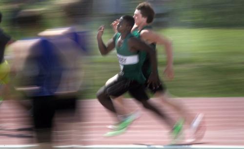 Senior Men's 200 meter runners burst around the opening turn and sprint to the finish Friday afternoon at the Provincial Track and Field meet at the U of M. See story. June 7, 2013 - (Phil Hossack / Winnipeg Free Press)