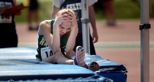 Carly Broek ( Edward Schreyer School)reacts to her final jump and elimination after knocking down a cross bar for the last time in Jr Women's high jump Friday afternoon at the Provincial Track and Field meet at the U of M. See story. June 7, 2013 - (Phil Hossack / Winnipeg Free Press)