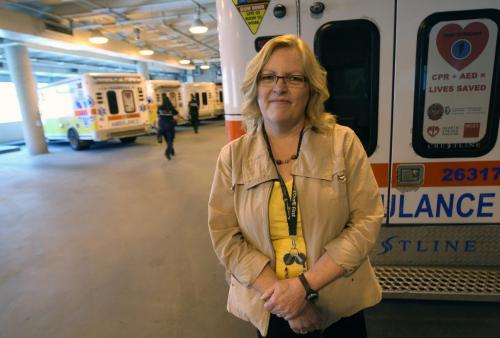 Helen Clark, vice president and chief allied health officer with the Health Sciences Centre inside the ambulance bay at HSC- Health Sciences Centre is hiring four nurses to deal specifically with the chronic delays in unloading ambulances at the hospital. These nurses will tend to patients so the ambulances can be released and back on the road.-See Larry Kusch story- June 07, 2013   (JOE BRYKSA / WINNIPEG FREE PRESS)