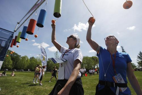 June 8, 2013 - 130608  - Lorrie Steeves and Paige Zentner ring bells  as they finish the 20km CancerCare Manitoba Foundation Challenge for Life Walk at Assiniboine Park Saturday, June 8, 2013. John Woods / Winnipeg Free Press
